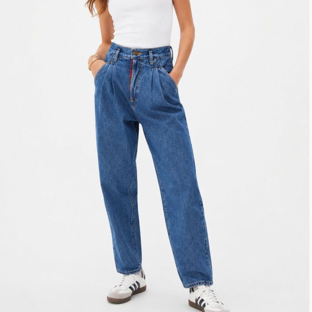 Vintage Ivy Brown Jeans High Waist Pleated Mom Jeans USA Cotton Plaid